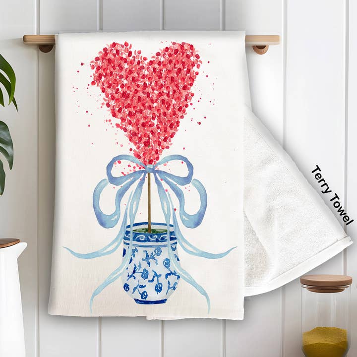 Chinoiserie Blue & White Hearts Topiary Terry Towel for wholesale by Avery Lane Gifts
