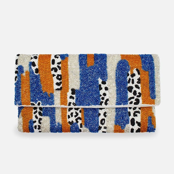 Copper Cow Print Beaded Clutch for wholesale by Pizzazz, Inc.