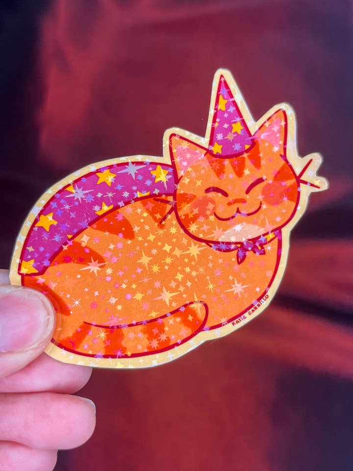 Sparkle Wizard Cat Sticker for wholesale by Katie Carrillo