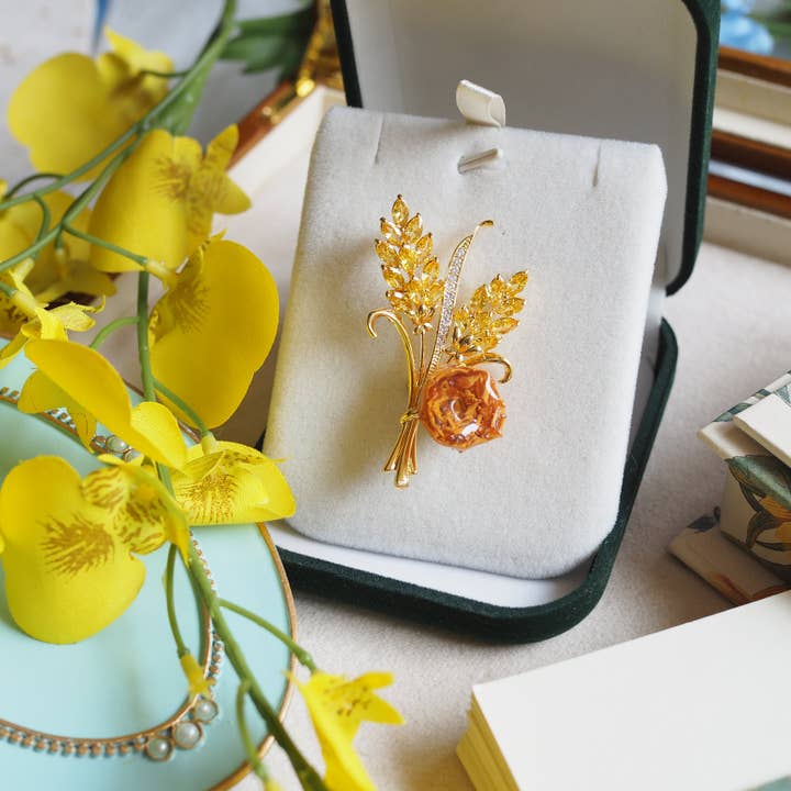 Real Flower Double Rice Ear Rose Bud Brooch for wholesale by NatureAmbient