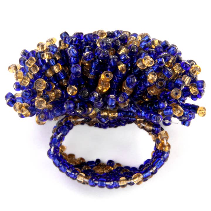 Erik & Mike - Wholesale Cocktail/Statement Ring - Game Day pom pom hand beaded Blue & Gold1