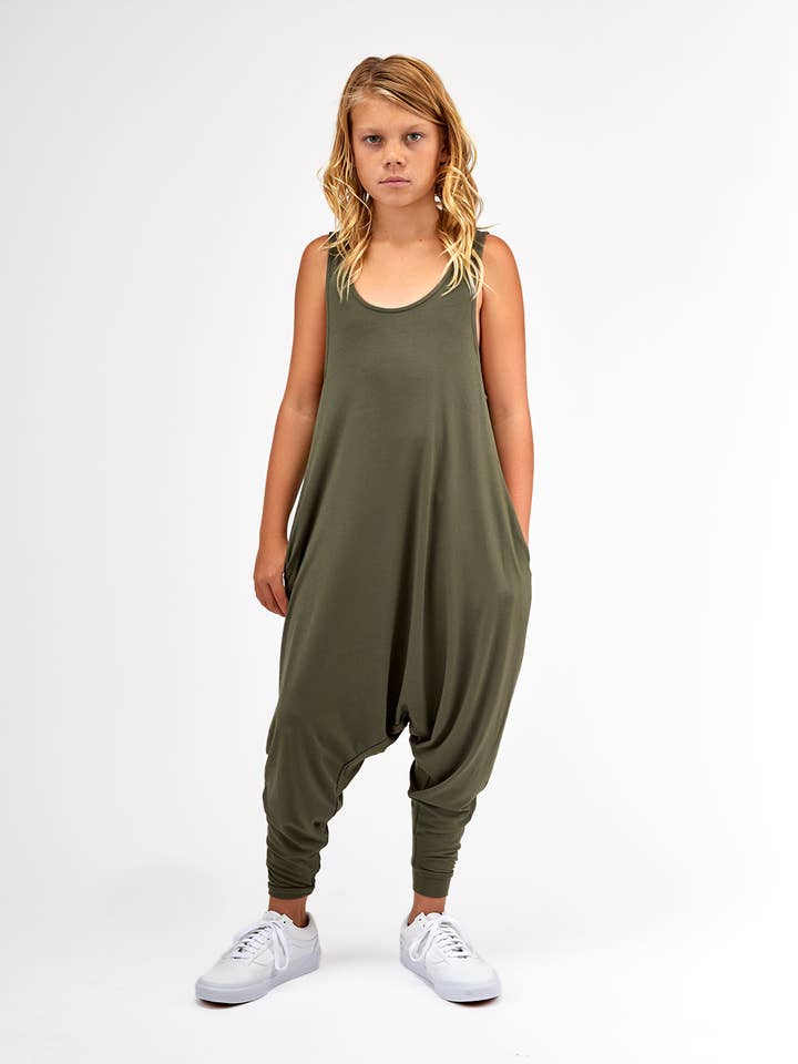 Momper Romper - Wholesale Jumpsuit - Kids - Olive Green Mini Big Kids Momper1