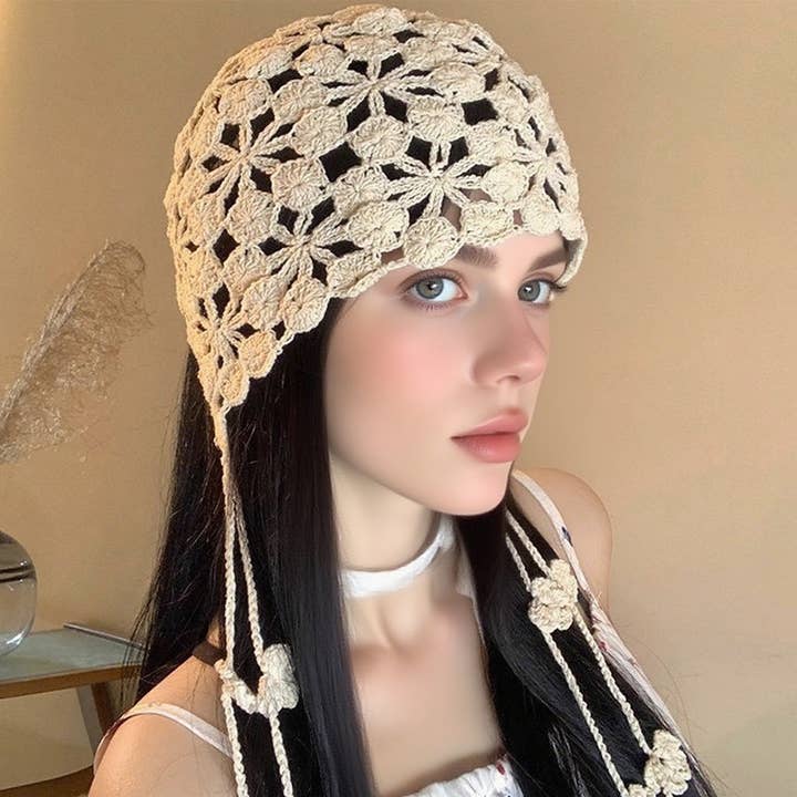 ACCITY - Wholesale Beanie - Women's - Boho Crochet Beanie – Floral Tassel Knit Hat_CWAH043243