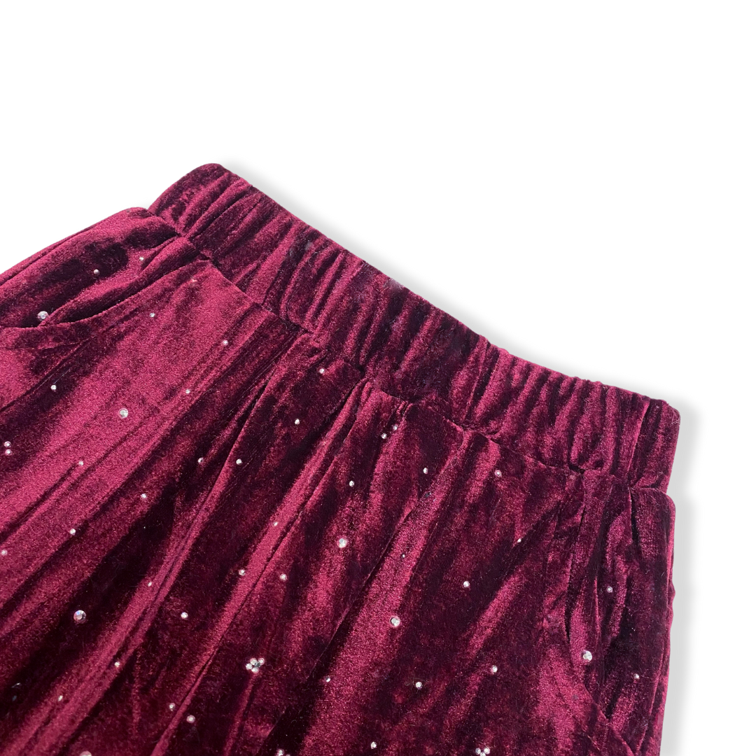BURGUNDY 17133-B Sparkle Velvet Joggers for wholesale on Faire2