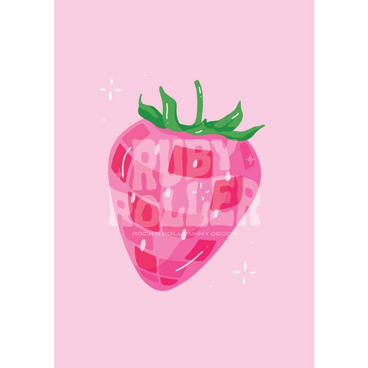 Ruby Roller Art - Wholesale Art Print - 60s 70s Groovy Retro Strawberry Disco Ball Fruit Art Print