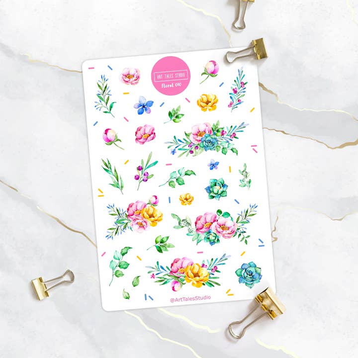 Floral Sticker Sheet, Flower Stickers, Leaves Stickers, Greenery Stickers, Bujo Stickers, Planner Stickers,Bullet Journal Stickers,Scrapbook. for wholesale by Art Tales Studio