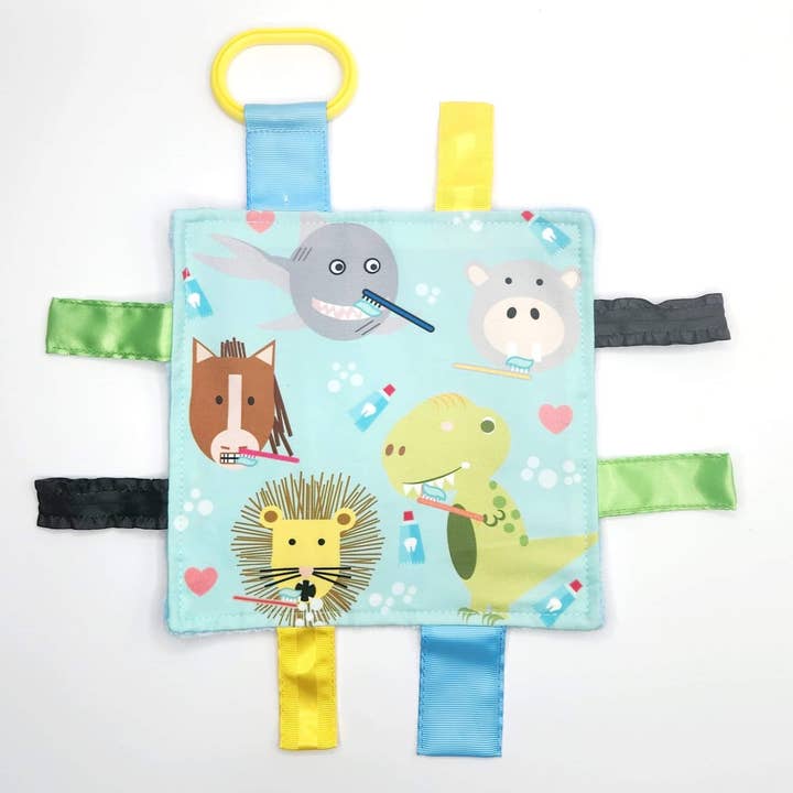Baby Animals Brushing Teeth Dental Crinkle Tag Toy Teether for wholesale by Baby Jack and Company