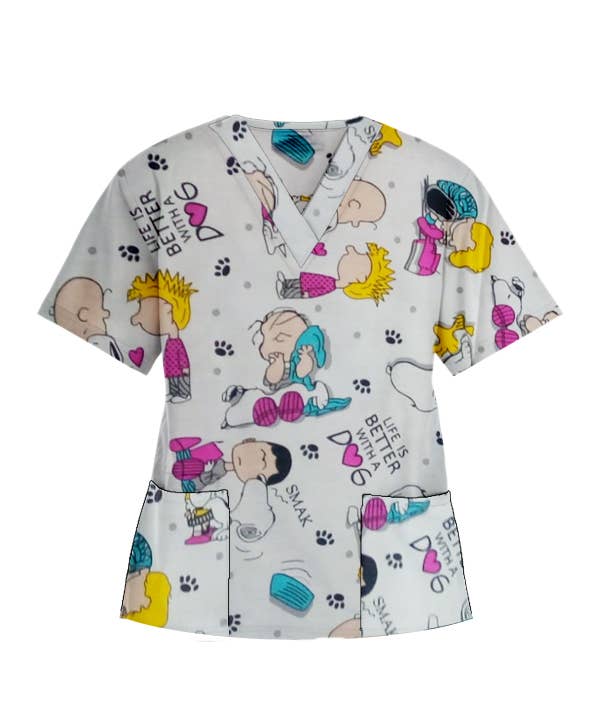 Scrubandmore – Engroshandel Sygeplejeruniform – til kvinder – Top med hundetryk V-hals 2 lomme halve ærmer0