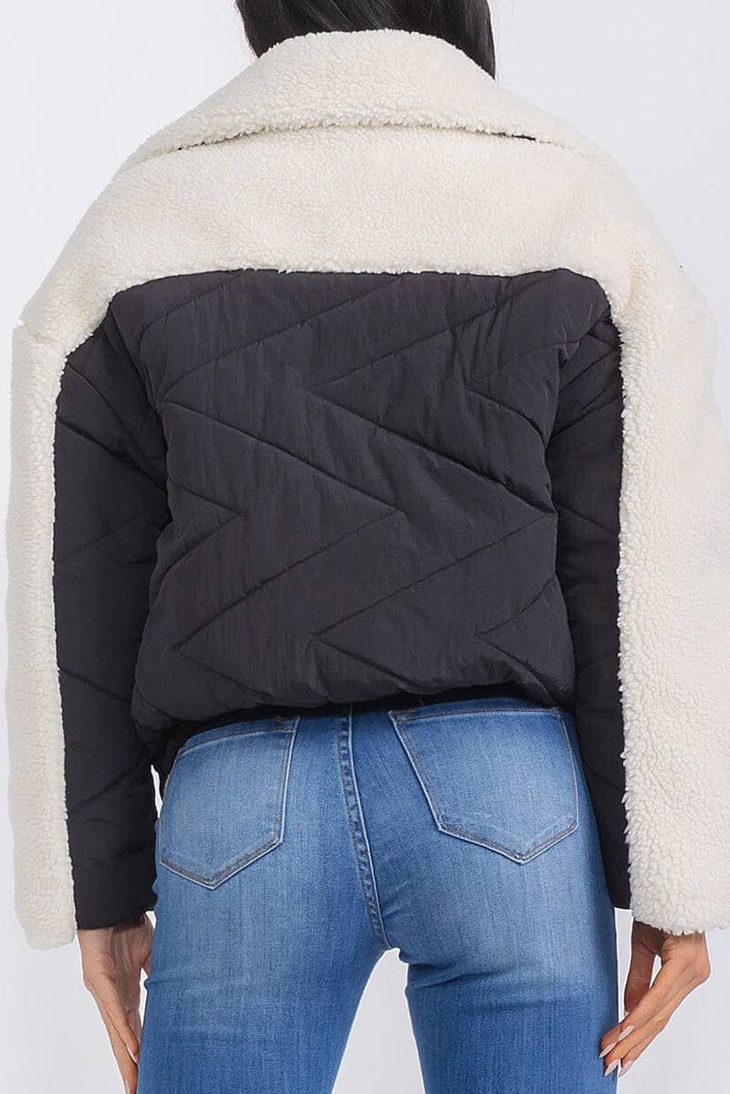 BLACK WHITE SHERPA CONTRAST POCKET FRONT JACKET for wholesale on Faire2