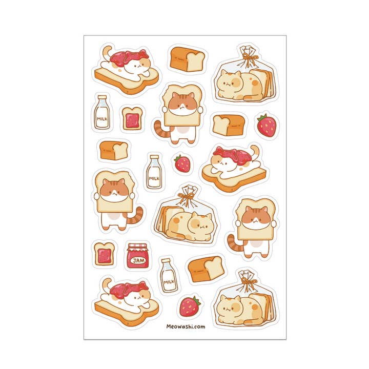 Cat and Toast Clear Sticker Sheet for wholesale by Meowashi Studio
