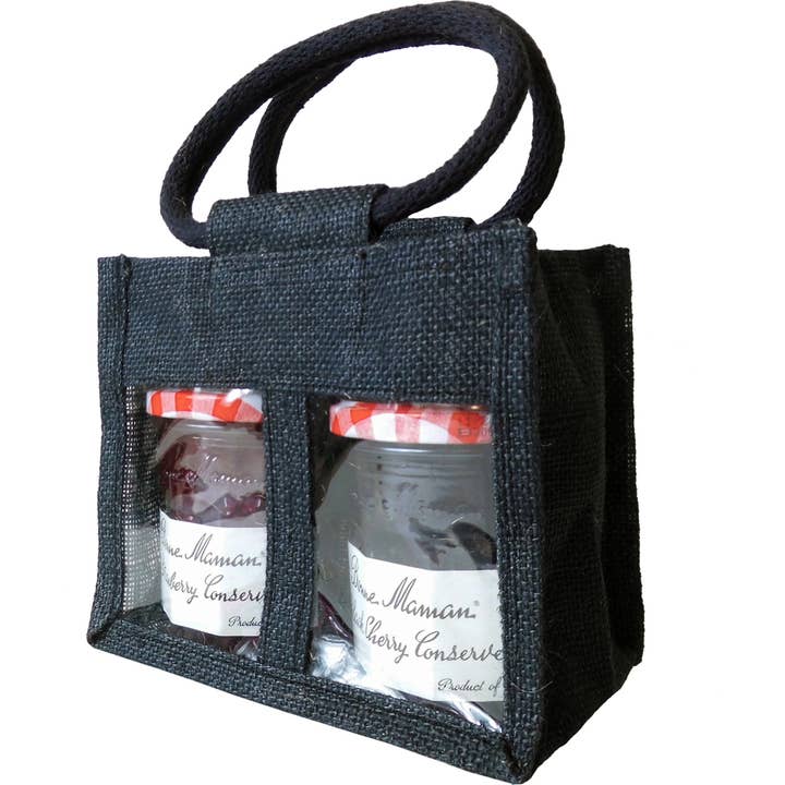 Black 2 Jar Jute Bags with Handles, Jam Jar Hessian Bags for wholesale by Candi Gifts