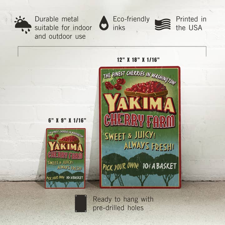 Lantern Press - Wholesale Sign - METAL SIGN ART Yakima, Washington, Cherries Vintage Sign