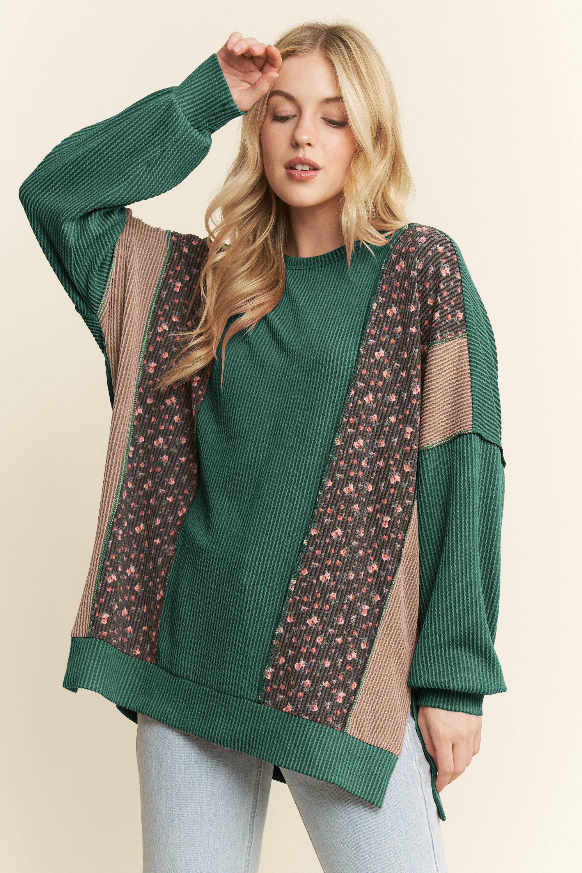 HEIMISH – wholesale Tunic – Women’s – ET7988-11 SOLID AND FLORAL URBAN RIB CONTRAST TOP1