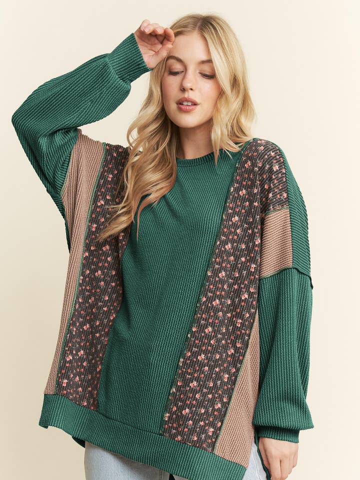 HEIMISH - Wholesale Tunic - Women's - ET7988-11 SOLID AND FLORAL URBAN RIB CONTRAST TOP2