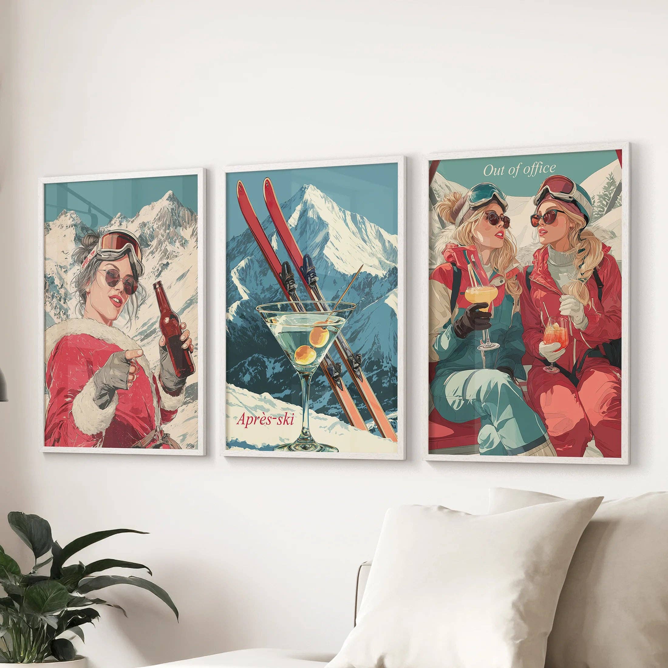 PrintSets.com - Venta al por mayor Conjunto de galería de pared - Escena de Après Ski de Invierno Arte de Pared. Conjunto de 3 Impresiones Alpinas Retro.2