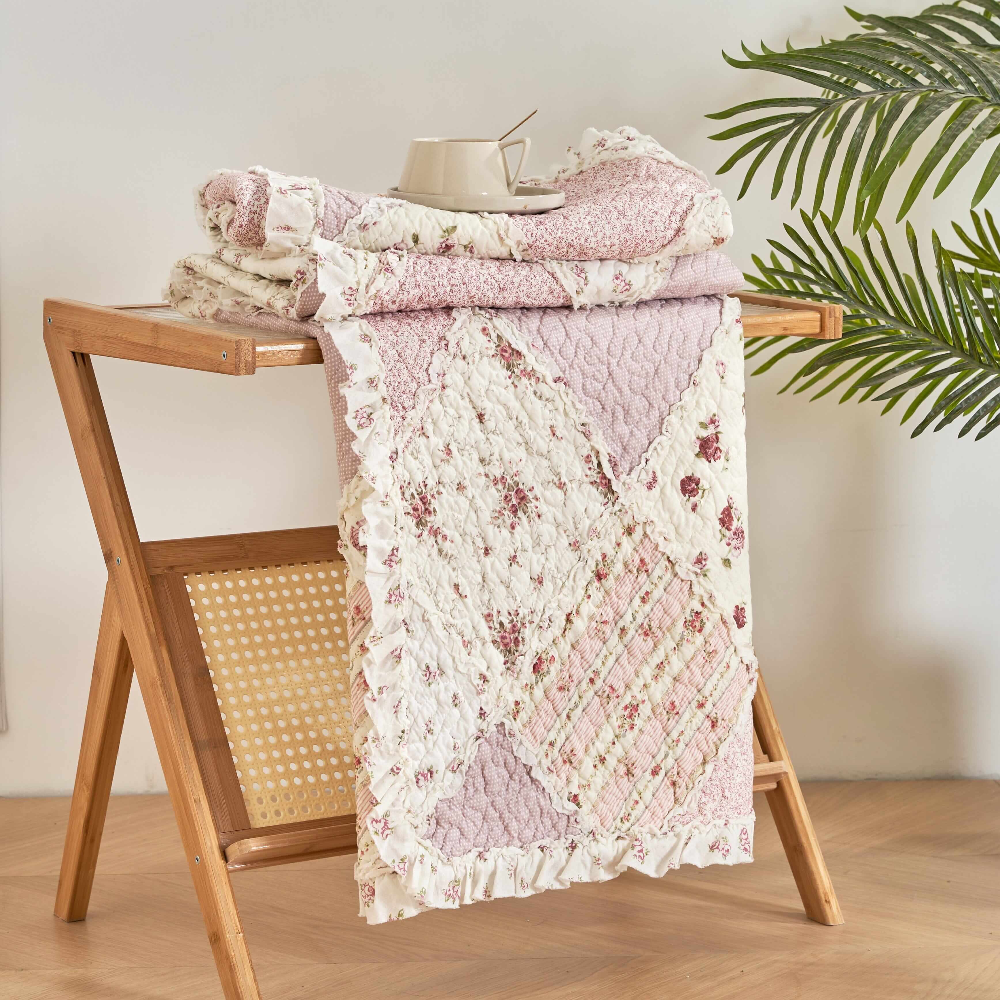 DaDalogy Bedding - Wholesale Throw Blanket - DaDalogy Cotton Patchwork Throw Blanket - Floral Cottage Quilted Reversible Blush Pink & Cream Shabby Chic Botanical Ruffle Design - Vintage Garden Rose Pastel Accents (3031)- 50 x 606