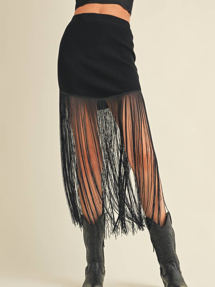 CSW8348B-1 - Knit Skirt with Long Fringe for wholesale by Cloud Ten