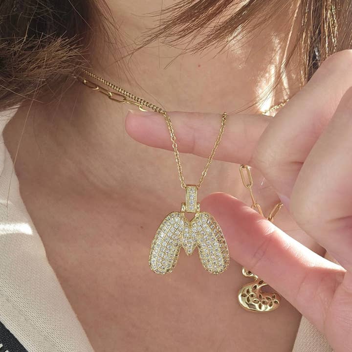 Pavé Bubble Letter Initials Steel necklace 14K Gold for wholesale on Faire