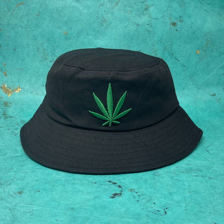 Black Bucket Hat with Embroidered Pot Leaf – Bold & Stylish for wholesale by Rainbow Unicorn Birthday Surprise