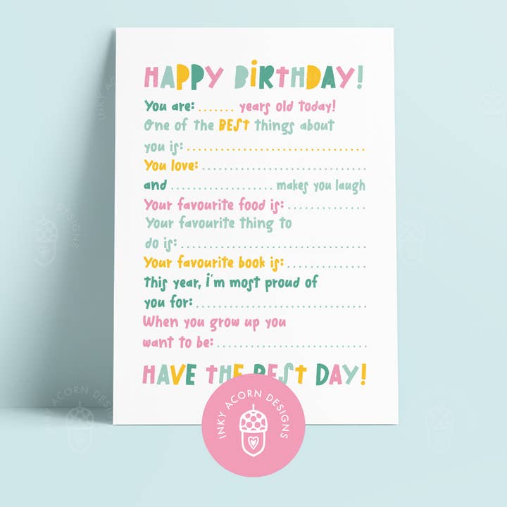 Inky Acorn Designs - Wholesale Birthday Card - Fill in the Blanks Children's Birthday Card