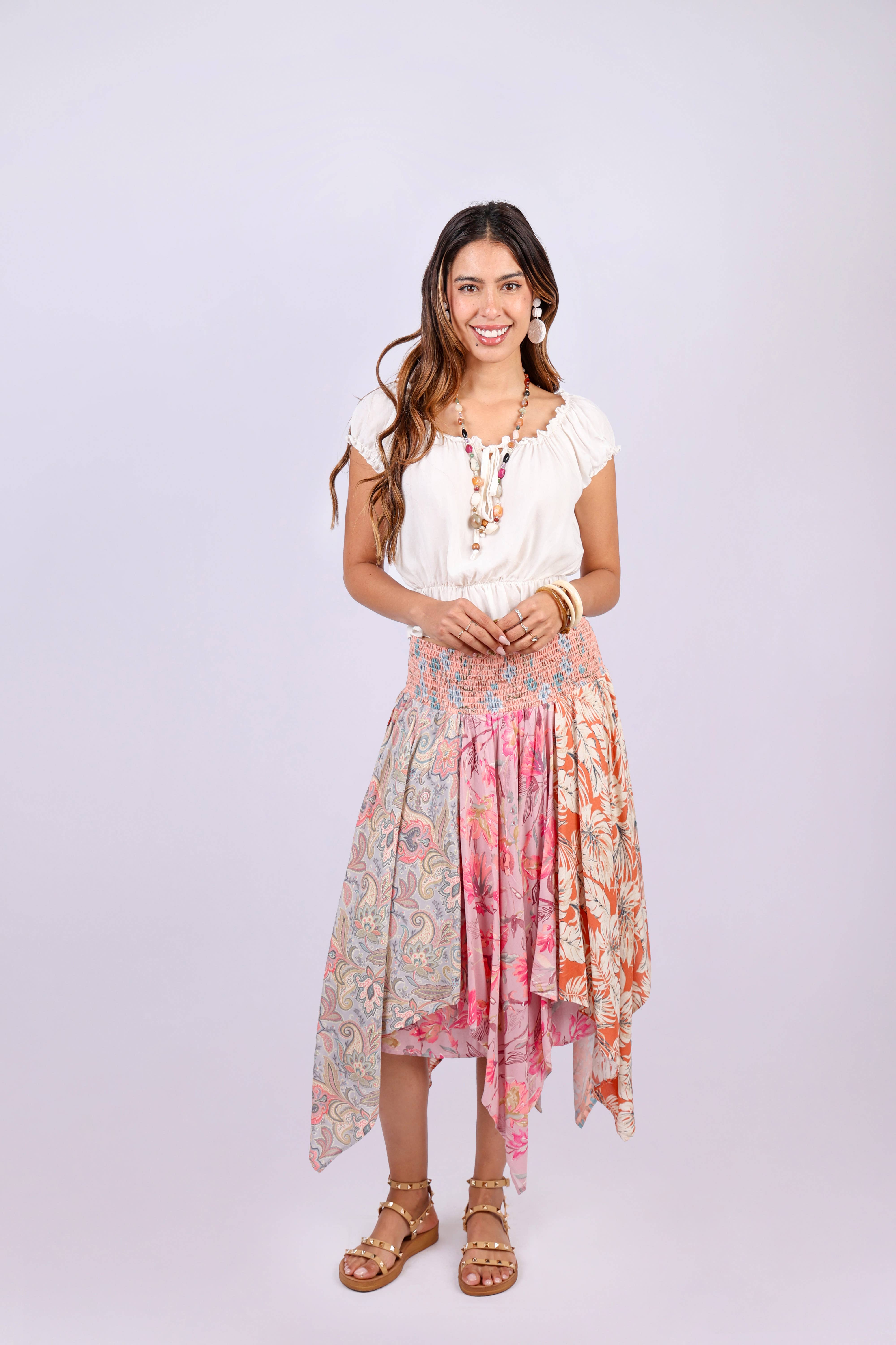 Sacred Threads - Wholesale Skirt - Women's - Hankerchief Hem Patchwork Skirt: Pastel Peach2
