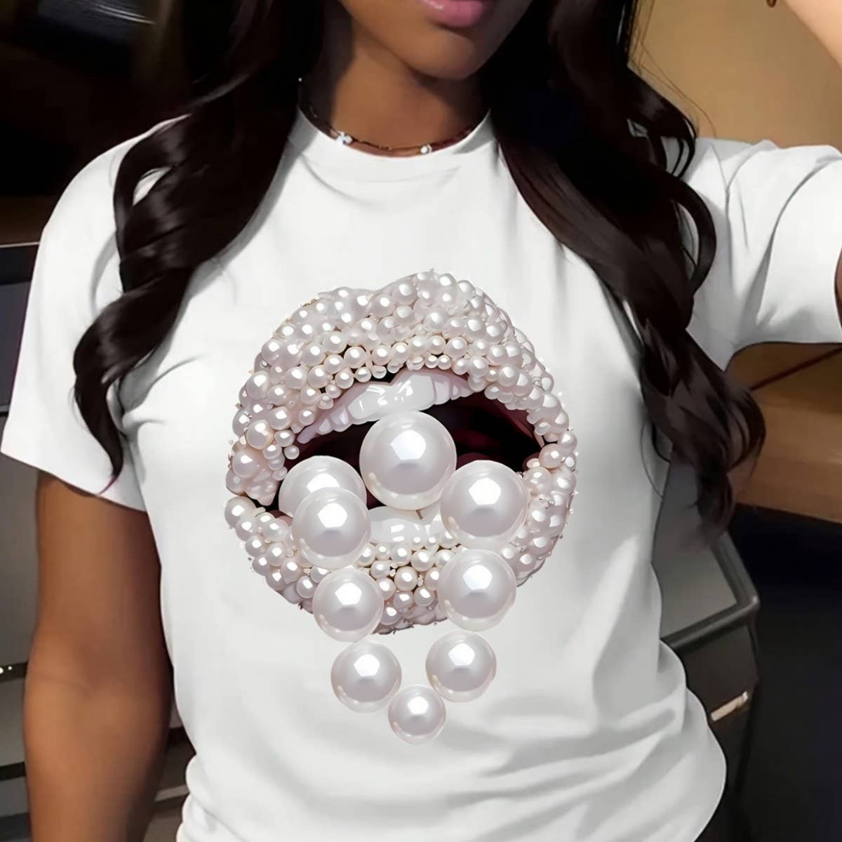 Rosa Clothing - Wholesale T-Shirt - Women's - Fashion T-shirt Round Neck Pearl Lips Print Short Sleeve0