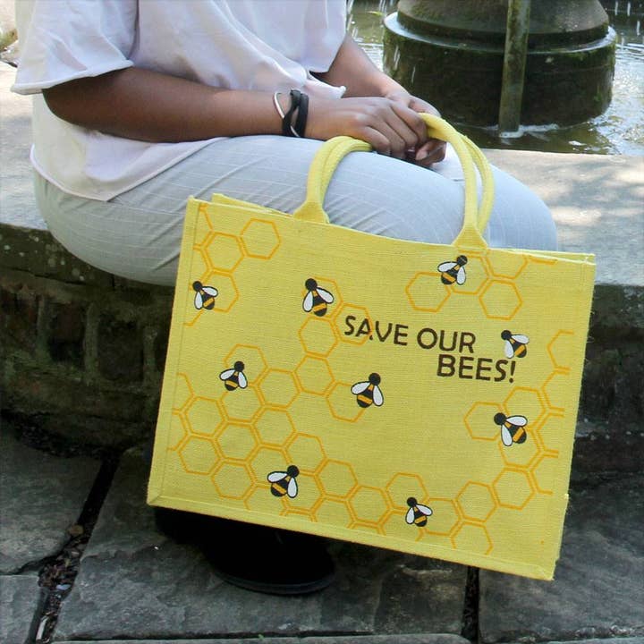 Bolsa de compras de yute, Salva a nuestras abejas 32x42cm para venta al por mayor de Shared Earth