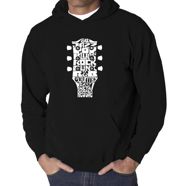 Men's Word Art Hooded Sweatshirt - Guitar Head Music Genres for wholesale by LA Pop Art