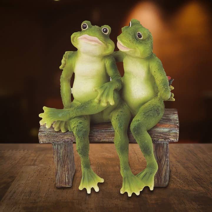 5"H Frog Couple Sitting on Bench Animal Figurine Home Decor for wholesale by FC Design