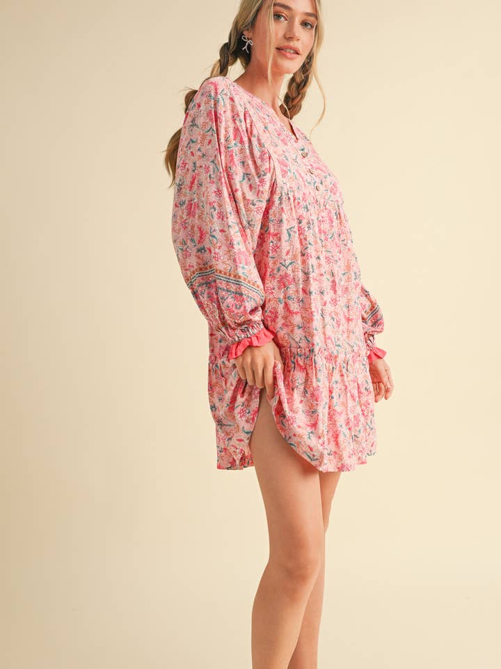 &MERCI - Wholesale Dress - Women's - EXCLUSIVE PRINT PUFF SLEEVE TIERED BABYDOLL DRESS MDR349028