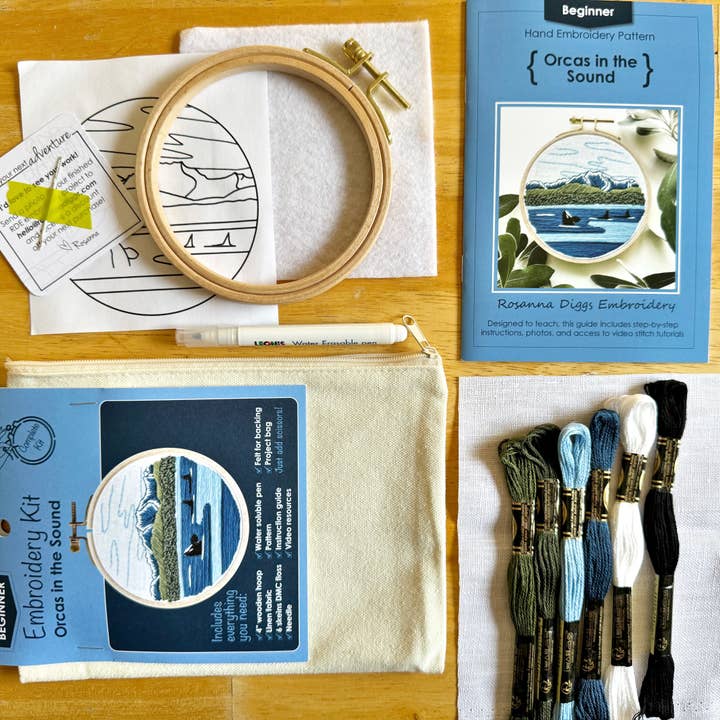 Rosanna Diggs Embroidery - Wholesale Embroidery/Cross Stitch Supplies - Orcas in the Sound Landscape Embroidery Kit for Beginners2