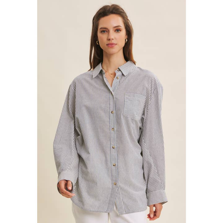 in february - Wholesale Button Down Shirt - Women's - STAPLE PINSTRIPE BUTTON-DOWN OVERSIZED SHIRT