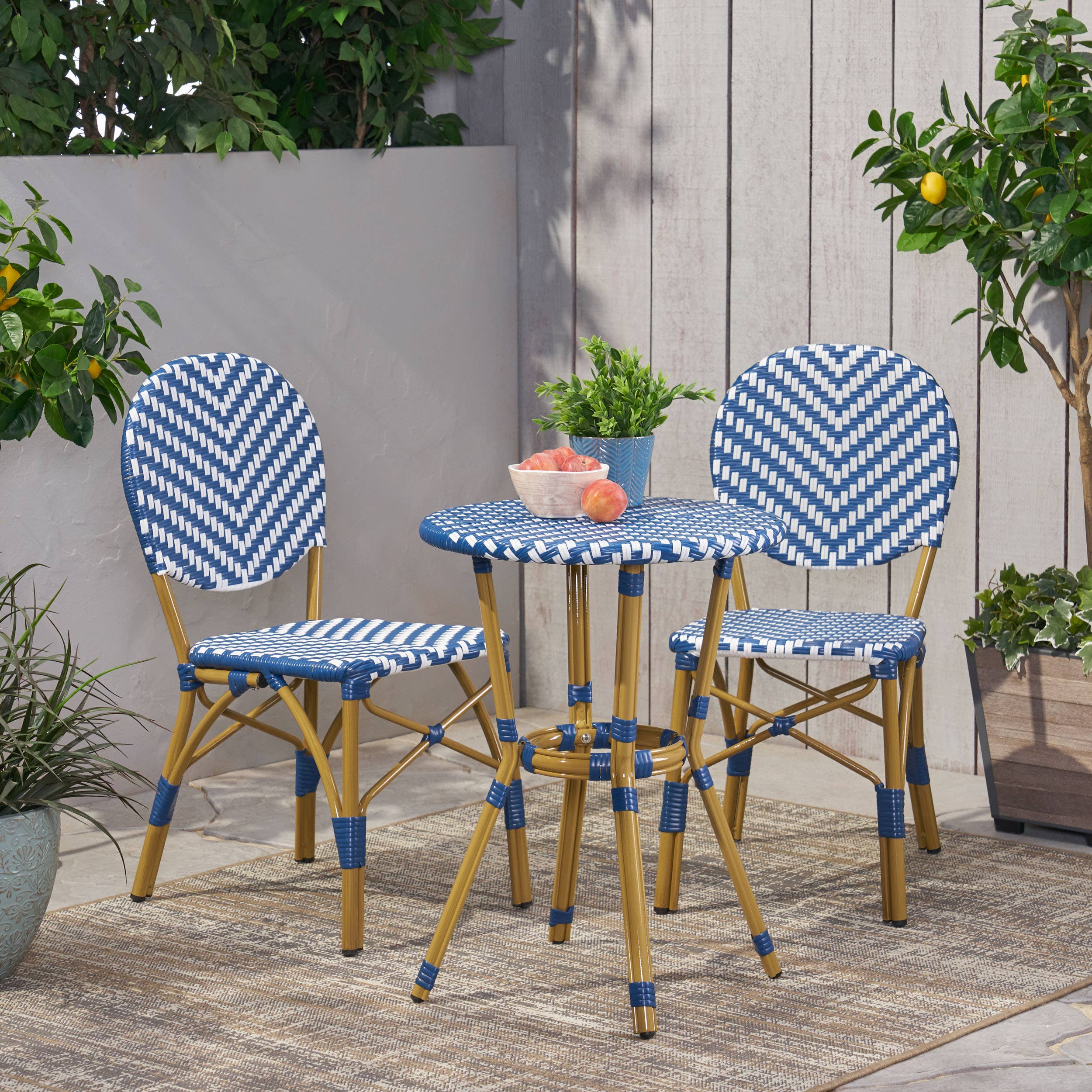 Navy Blue Aluminum 3-Piece French Bistro Set with Bamboo Finish for wholesale on Faire3