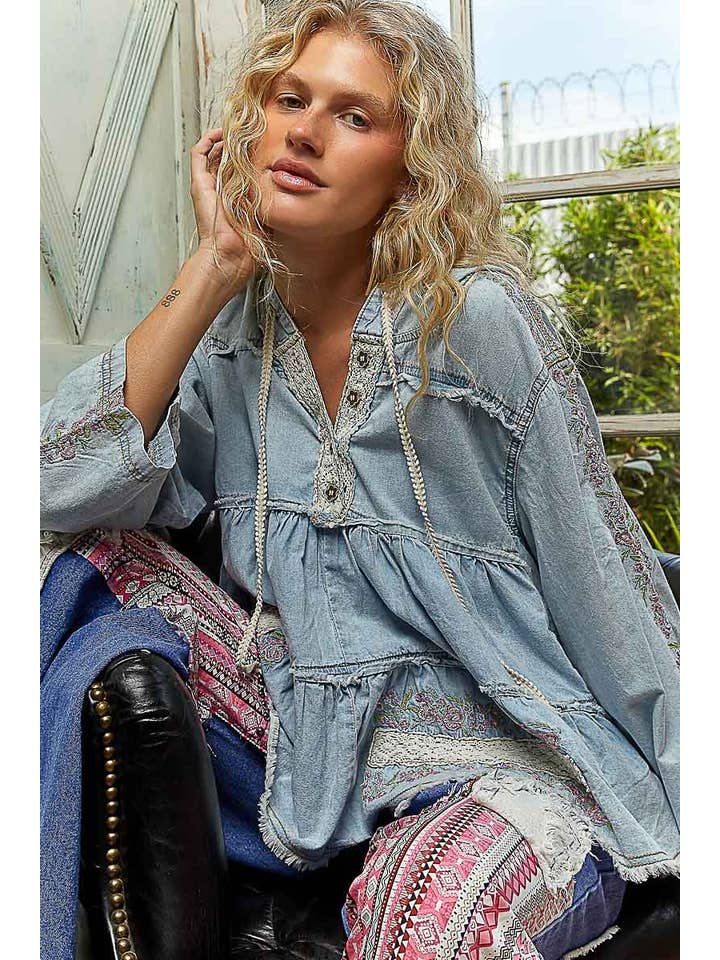 Pol Clothing - Wholesale Hoodie – Women's - Long Sleeve Double Gauze Embroidery Shirring Woven Top5