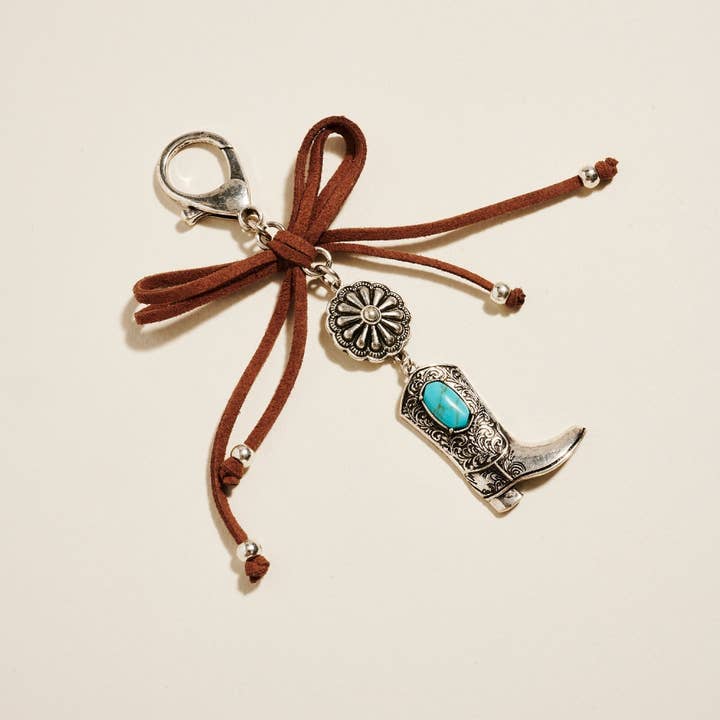 Burnished Silver Semi Precious Stone Cowgirl Boot BagCharm Keychain for wholesale on Faire