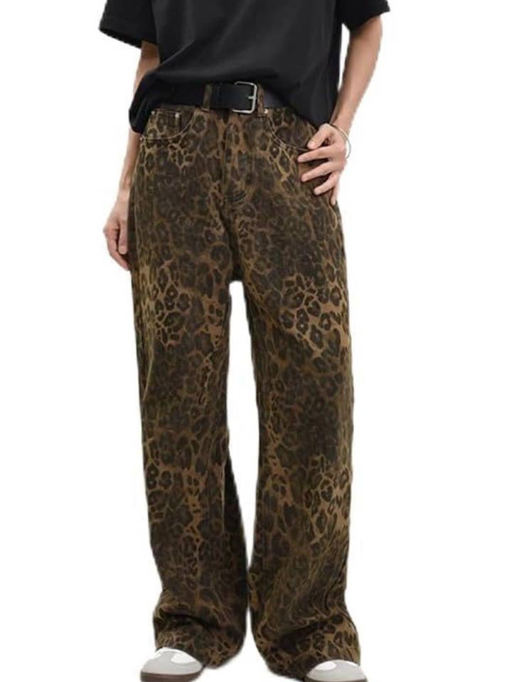 Vintage Washed Baggy wide leg Leopard jeans for wholesale by Rosa Clothing