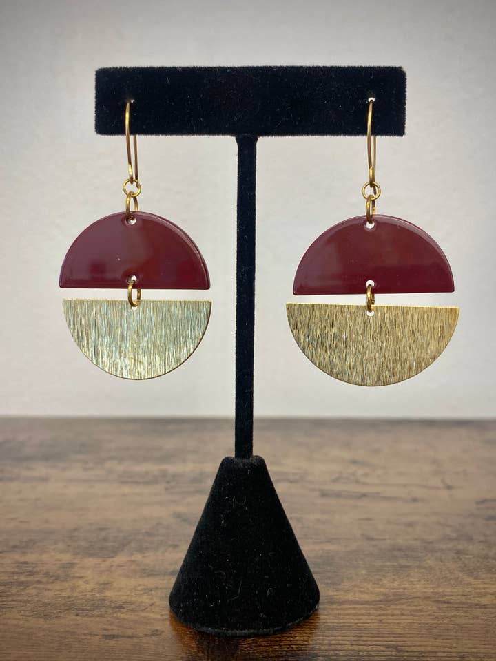 Burgundy Resin & Textured Brass Earrings for wholesale by MacKenzie Rose Designs