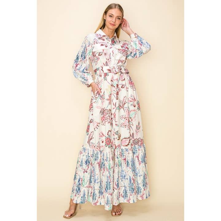 MULTI PRINTED MAXI DRESS WITH EMBOIDERY for wholesale on Faire