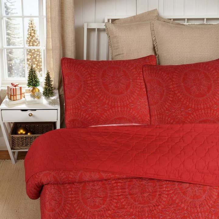 Sixale - Wholesale Bedding Set - Marcielo Medallion Pattern Quilt Set - Christmas Comforter Set (Holiday Bedding Quilted Bedspread Coverlet with 2 Pillow Shams for All Seasons) - Red2