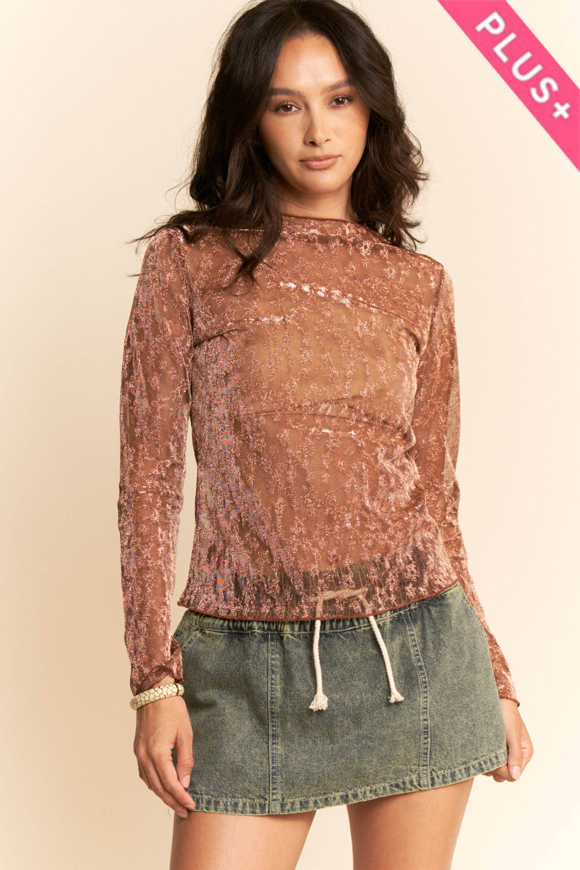 Davi & Dani - Vendita all'ingrosso Top in maglia - Donna - TOP A MANICHE LUNGHE IN TESSUTO METALLICO TRASPARENTE PLUS0