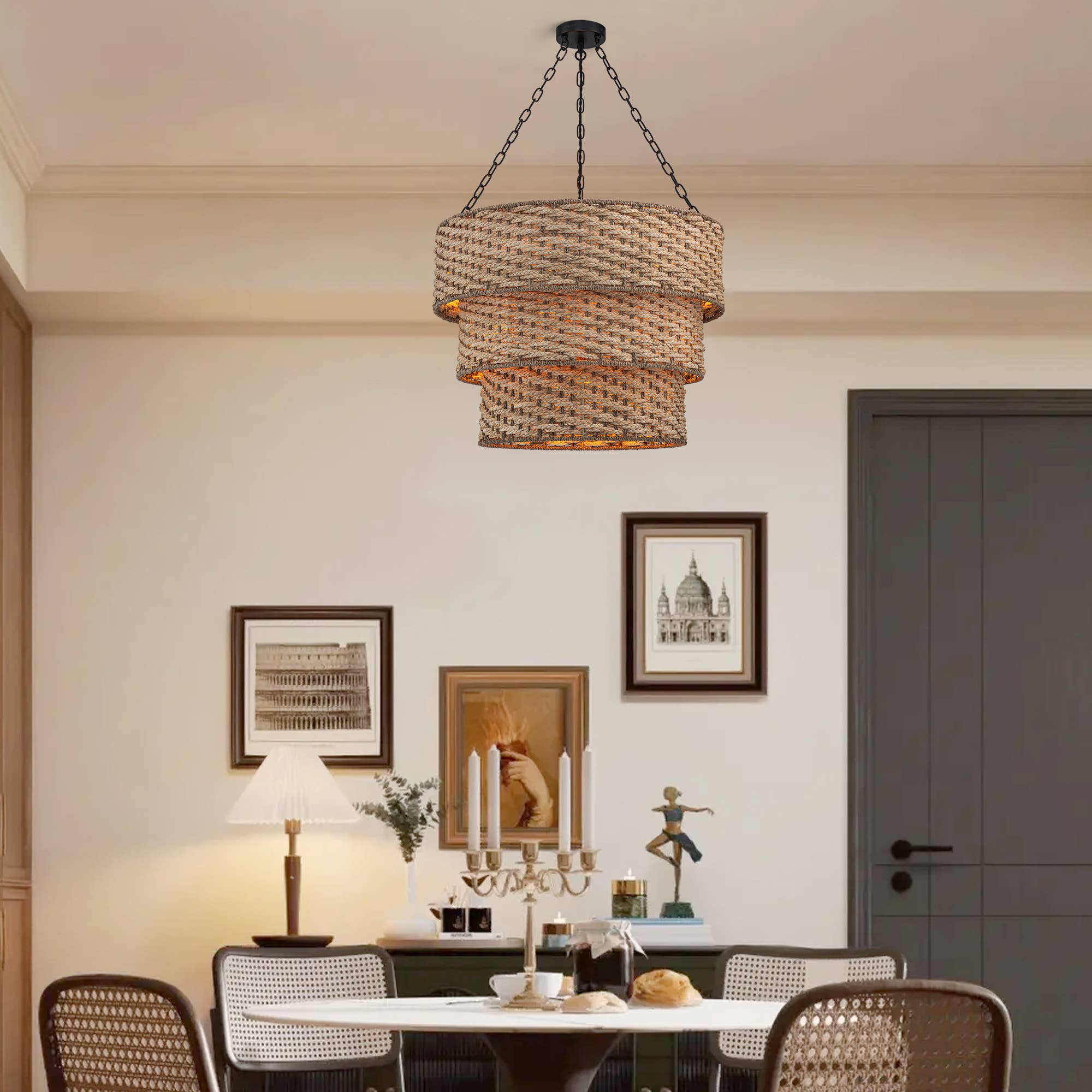 Beige Tierra 5-Light Matte Black 3-Tiered Rattan Chandelier for wholesale on Faire0