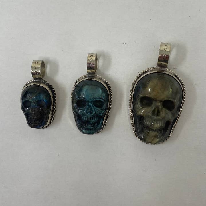Labradorite Carved Skull Pendant for wholesale by Kathmandu Jewelry
