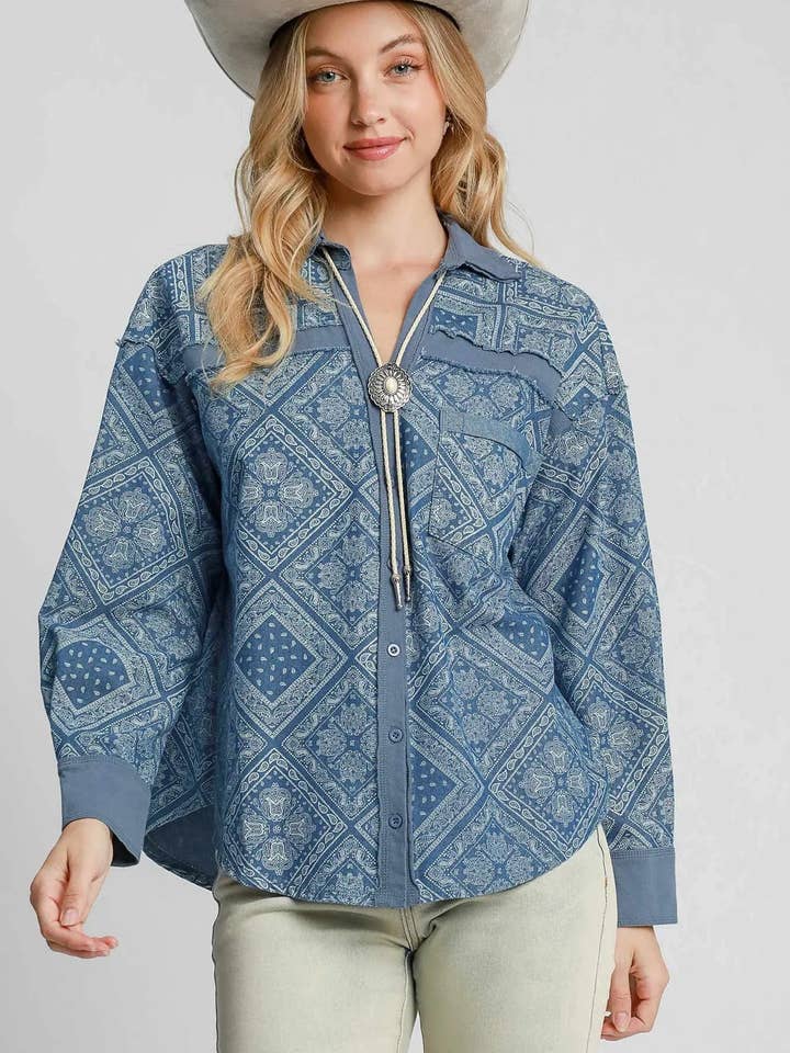 Umgee Paisley Print Denim Shirt Jacket for wholesale by Lecatta Fashion