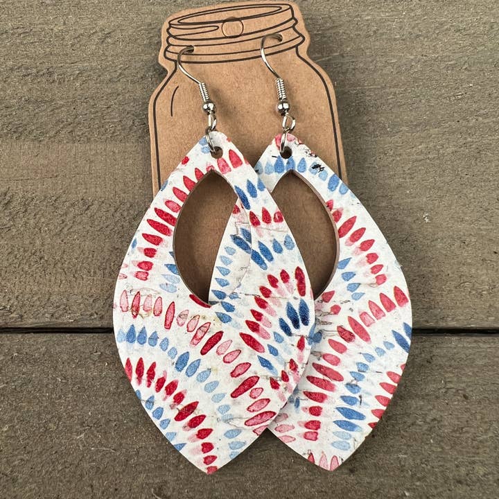 Red white & blue USA Cork and Leather Teardrop Earrings for wholesale by Jill's Jewels