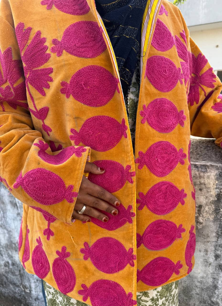 bhavnas boutique - Wholesale Jacket - Women's - Orange Velvet Kimono Robe Floral Embroidery Velvet Jackets2