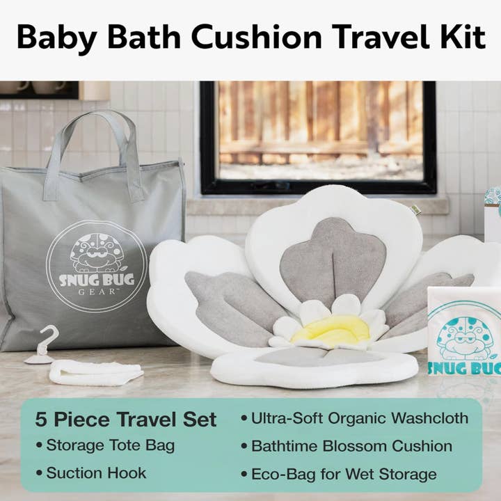 Snug Bug Gear - Vente Baignoire pour bébé – enfant et bébé - Ensemble de voyage 5 pièces avec coussin fleur de bain pour bébé bio2