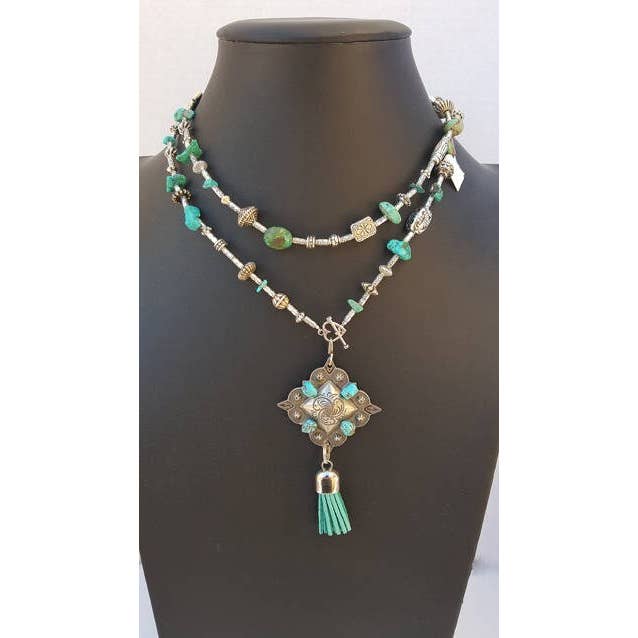 Türkis Quaste Anhänger, Türkis und Silber lange Halskette, echter Türkis, Türkis Anhänger, Concho Anhänger, Türkis Nugget Halskette für den Großhandel von Julie Rose Originals