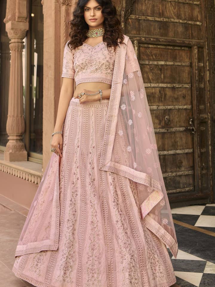 HATKE BRIDE – wholesale Top & skirt set – Women's – Baby Pink Satin Lehenga Choli for Marriage - Sequence & Thread Embroidery Work, Zari Work
