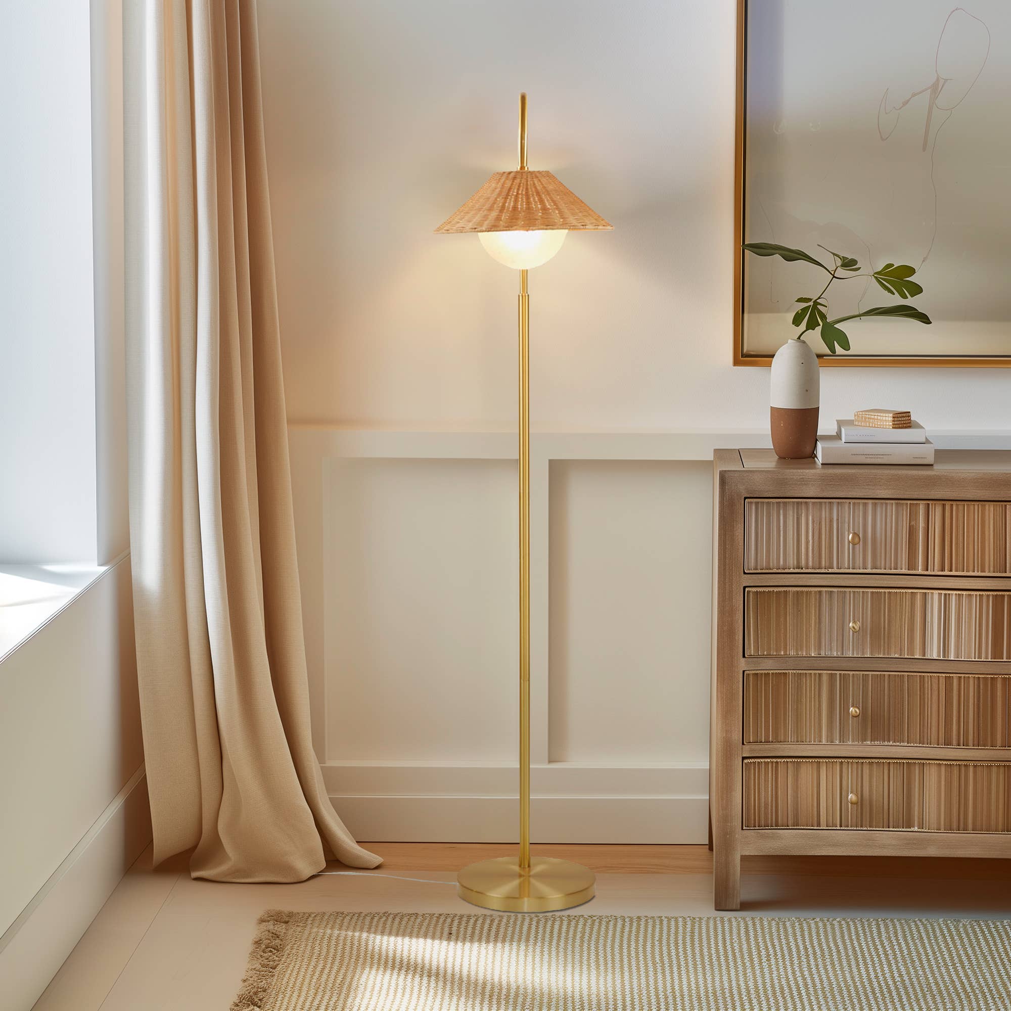 Olliix - Wholesale Floor Lamp - Rattan Weave Shade Floor Lamp, Gold/Natural1