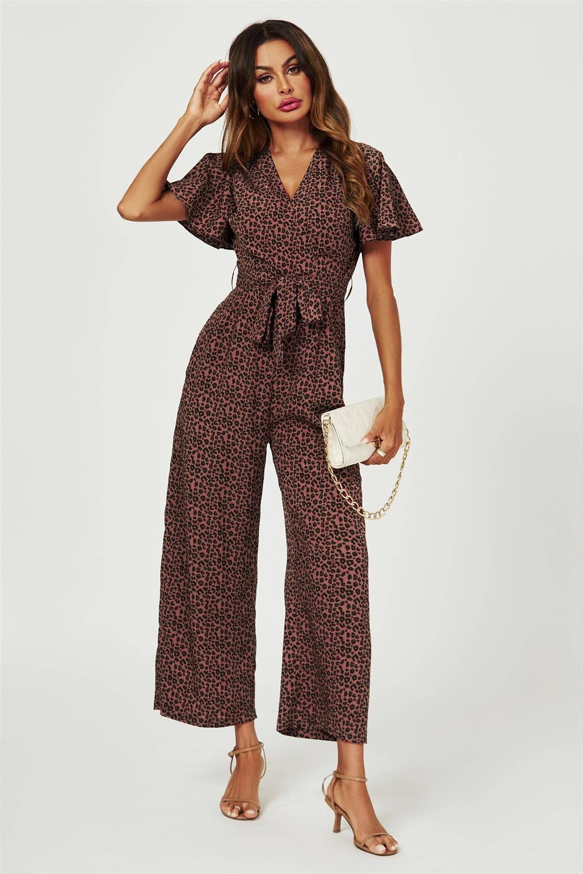 Leopard Print Wrap Top Jumpsuit In Rusty for wholesale on Faire3